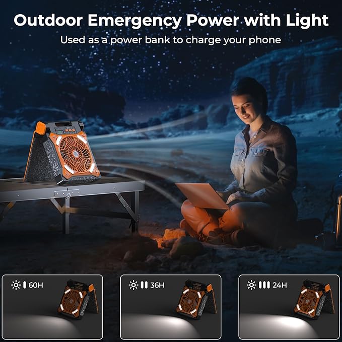 KITWLEMEN Upgraded Solar Camping Fan with Lantern - Rechargeable Battery Operated Fan, 36H Run Time Max, 4 Speeds, 8H Timer, 90° Adjustable Portable Desk Fan for Hurricane, Power Outage, Outdoor Use