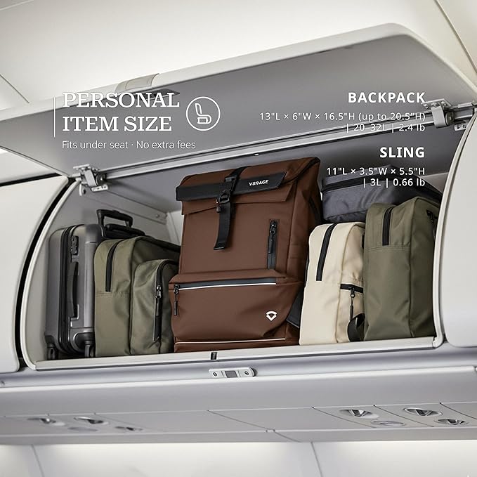 Verage Pulse 2-in-1 Roll Top Laptop Backpack 16″ with Detachable Everyday Sling Bag, Personal Item Size, Expandable Water-Resistant Travel Backpack for Airplane, Work & Daily Commute – Brown