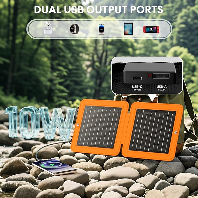 Solar Panels 10W Portable Foldable Solar Charger with 5V USB-A and USB-C Fast Charging Compatible with iPhone, iPad, Samsung, Power Banks, IPX5 Waterproof Perfect for Camping, Hiking, Outdoor