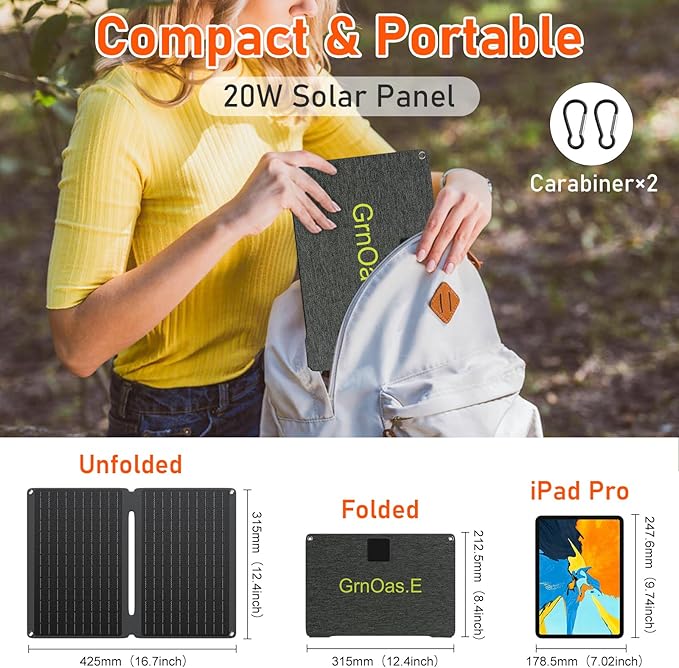 20W Portable Foldable Solar Panel withUSB, Type-C Outputs, Monocrystalline Silicon, ETFE Coating, IP67 Waterproof – Perfect for Phones, iPads, Power Banks, Camping, and Off-Grid Use!