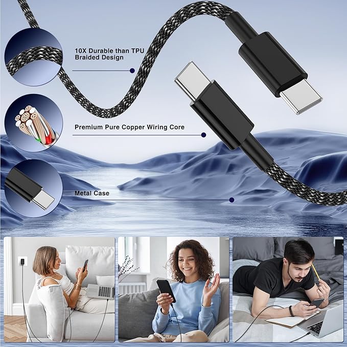 65W Super Fast Charger Type C for Samsung,3 Port 100W Quick Charging 3.0 USB C Block & 3/6/10/10FT Braided Type C Cord for Samsung Galaxy S26 Ultra/S26/S25 Ultra/iPhone 17 Pro/MacBook Pro/Air-Purple