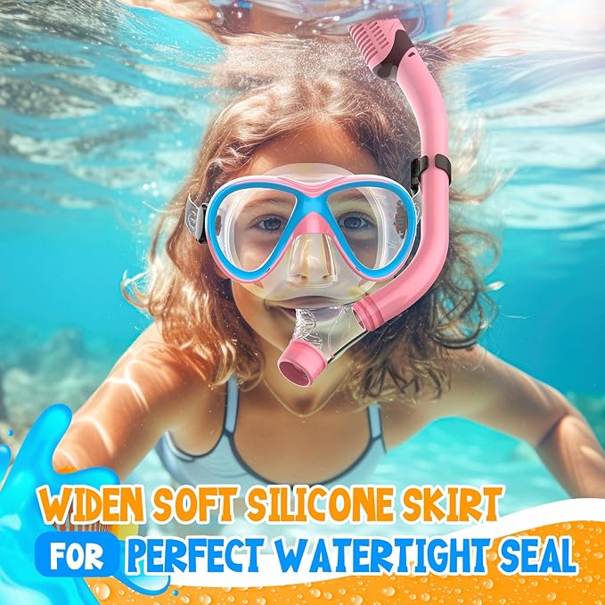 Kids Snorkel Set, Dry Top Snorkeling Gear for Kids, Diving Mask for Youth Boys Girls Age 5-15, Tempered Glass Swimming Goggles Combo Set, Anti-Fog Panoramic View Kids Snorkel Set