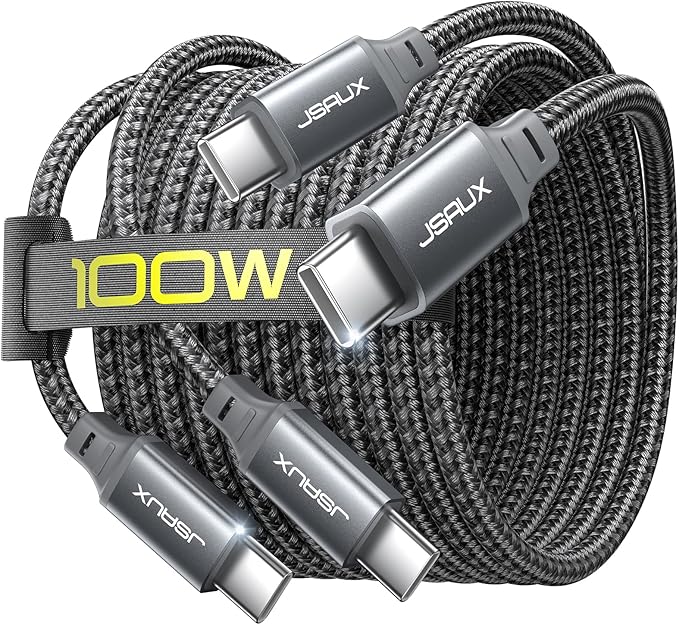 JSAUX 100W USB C to USB C Cable [2-Pack 10FT], Type C Fast Charging Cord for Samsung S26, iPhone 17e/iPhone 17/iPhone Air/iPhone 17 Pro Max, iPhone 16/15 Series, Galaxy S/Note, MacBook, iPad - Grey