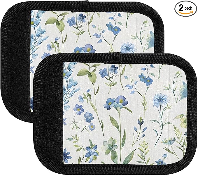 Blue Wildflower Watercolor Luggage Handle Wrap for Suitcase Luggage Tags Handle Covers Identifiers Soft Decorations Travel Accessories 2 Pack