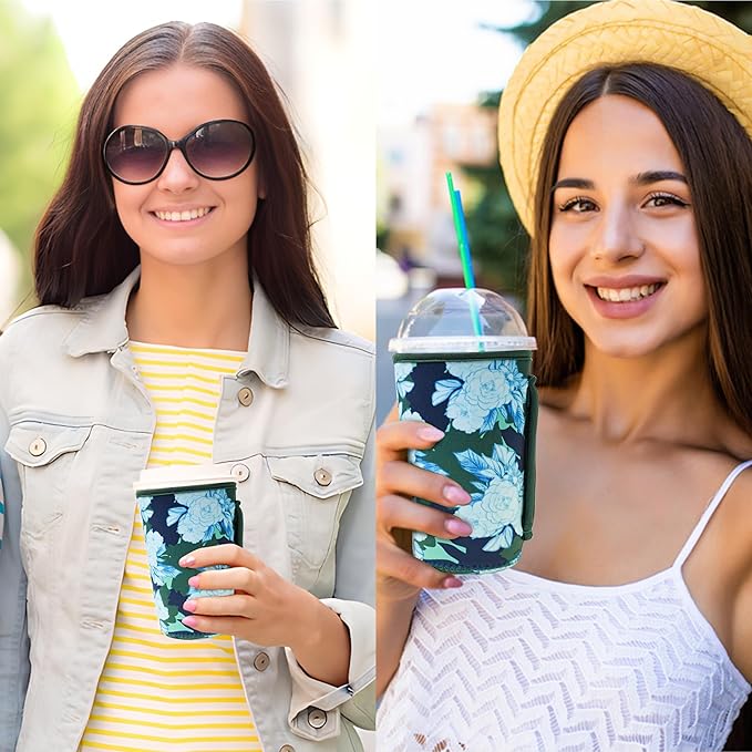 KJQJLY 3 Reusable Iced Coffee Sleeves for Iced Coffee Cups or Drinks Reusable Neoprene Insulated Sleeves for Hot and Cold Drinks from Starbucks, Dunkin, And More (Moonflower)