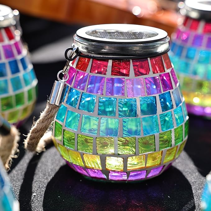 Cooo 4 Pack Mosaic Solar Lantern Outdoor Waterproof IP68 Hanging Projection Light Hidden Lid Pear-Shaped Lantern with Rope Handle Solar Powered Auto On for Patio Garden Fence Table - Neon Mosaic