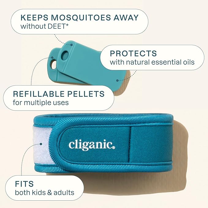 Cliganic Mosquito Repellent Pack (4 Wristbands + 8 Refill Pellets) - Adjustable, Natural DEET-Free, Essential Oil Infused
