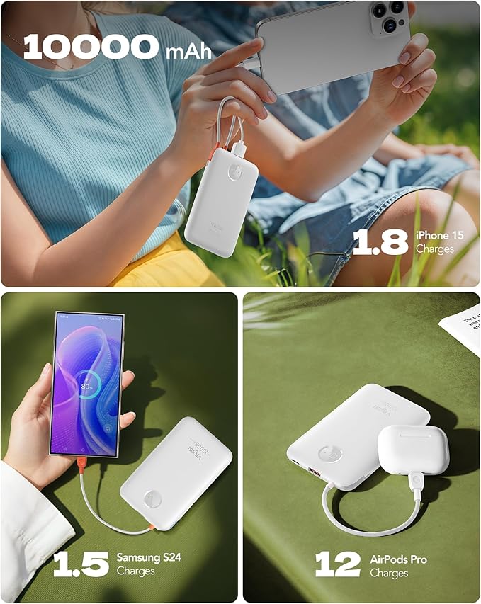 Slim Portable Charger 10000mAh, Travel Power Bank with Built-in USB-C Cable & LED Display, 22.5W Fast Charging Battery Pack Compatible with iPhone 16 15 Samsung S24 S23 -White