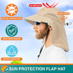 SUN CUBE Wide Brim Sun Hat with Neck Flap, UPF50+ Hiking Safari Fishing Hat for Men Women, Sun Protection Beach Hat