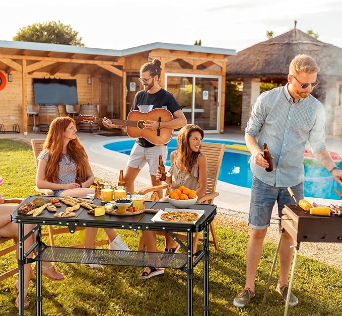 Folding Camping Table, 3 FT Folding Portable Camping Table, Outdoor&Indoor Picnic Table with 3 Adjustable Height Max 27.1",Lightweight Aluminum Camping Tables, Car Camping Essentials-Pure Black