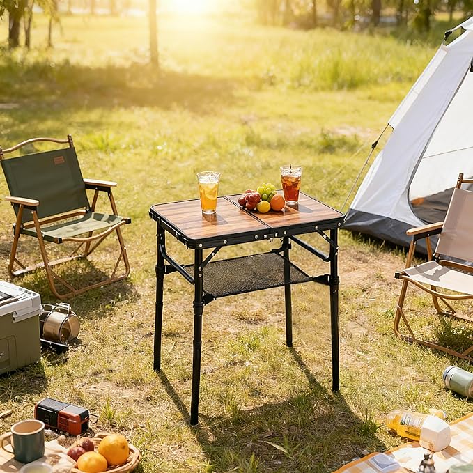 Small Folding Camping Table, 2ft Portable Picnic Table Aluminum 24" x 16" Folding Table, 3 Adjustable Heights Portable Lightweight Table Dining Table for RV, Picnic, Beach (Wood Grain)
