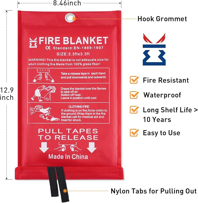 Fire Blanket for Kitchen Home Emergency - Fiberglass Blankets Fire Survival Suspension Flames Retardant Extinguisher Great for Stove Car Garage Office Camping Caravan BBQ Safety (1-Pack)