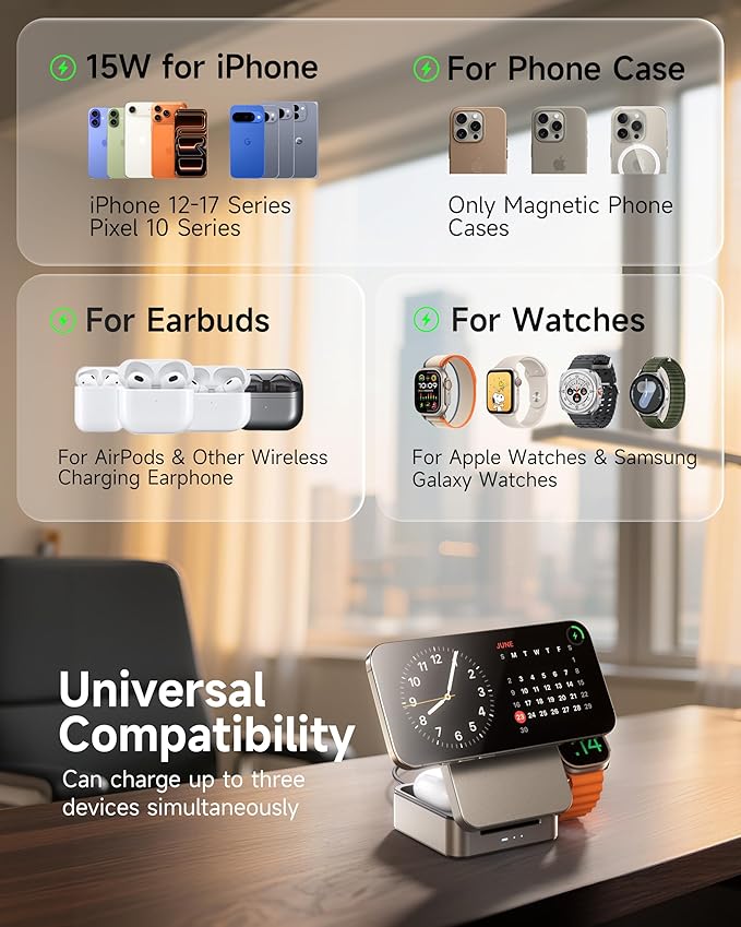 ZEEHOO 3-in-1 Foldable Magnetic Wireless Charging Station, Qi2 Certified 15W Travel Charger Stand Dock Wireless Charger for iPhone 17/16/15/14/13/12 Series, Apple Watch, AirPods (30W Adapter Included)