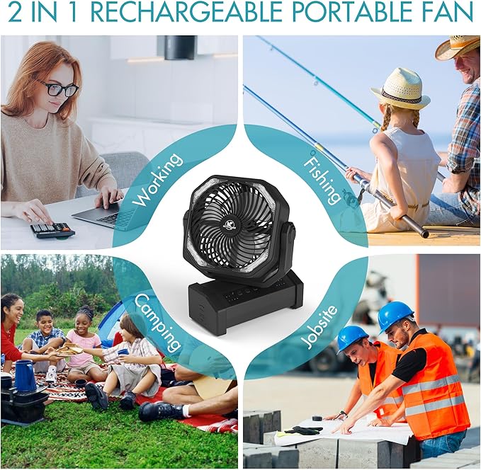 KITWLEMEN Camping Fan with Light - 20000mAh Rechargeable Battery Fan, 60Hrs Max Run Time, 4 Speeds, Timer, Auto Oscillation, 270° Pivot & Hook for Camping, Power Outage, Hurricane