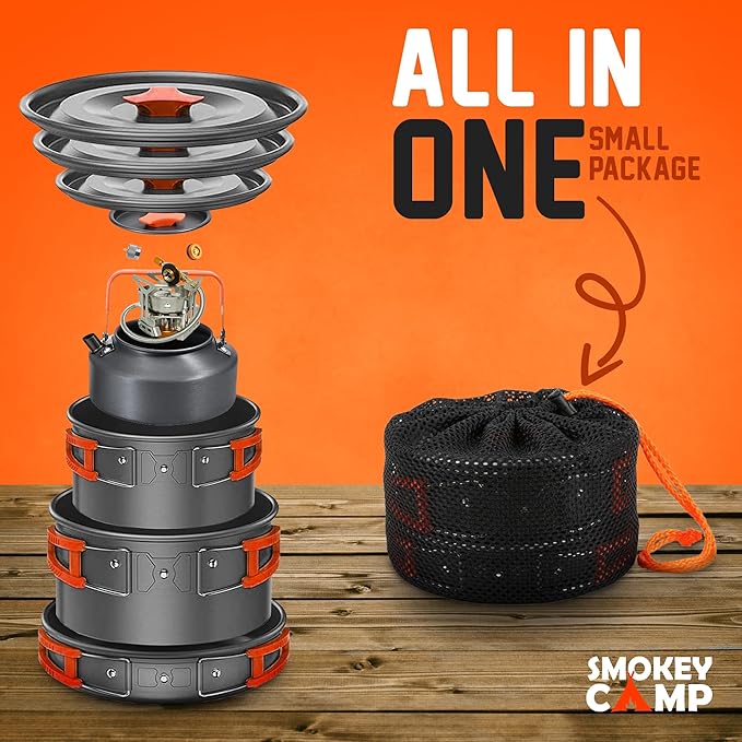 Camping Cookware Mess Kit Set with Stove - Backpacking Camping Pots and Pans Set, All in One Non-Stick Camping Cooking Set, Portable Stove, Hiking, Picnic, Outdoor & Camping Cookware Set
