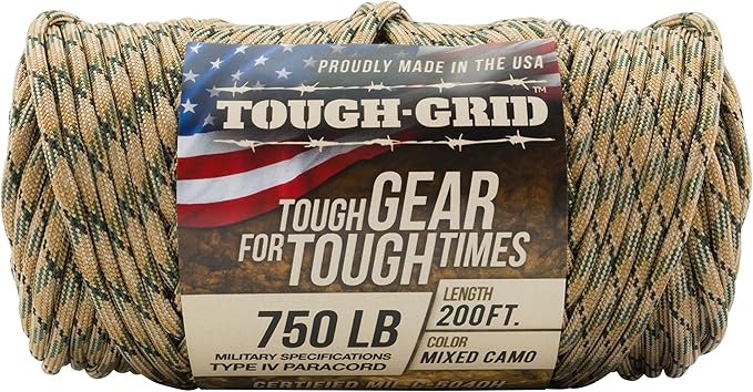 TOUGH-GRID Paracord Rope 750 lbs Nylon Parachute Cord, Made in USA Survival Kit, Outdoor Adventures, Camping, Tactical Gear & Emergency Supplies, Military Type IV Mil-Spec