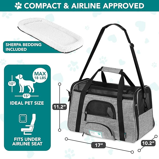 PetAmi Airline Approved Pet Carrier for Cats & Small Dogs, Soft Sided TSA Travel Carrier Bag Sherpa Bed, Breathable Mesh Ventilation, Collapsible Bowl, Fit Under Seat, Up to 18 lbs, Small Heather Gray