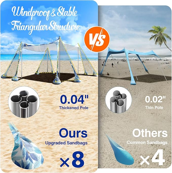 Rhino Valley Beach Tent Shade Canopy UPF50+ Protection, 8 Sandbags, 4 Stability Poles, Outdoor Sun Shelter Umbrella for Sand, Camping, Fishing Essentials