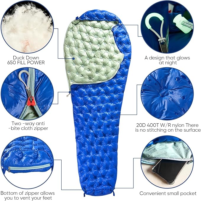 Ultralight Down Sleeping Bag for Adults, 1.92lbs 32-55F 650 Fill Down, Lightweight Compact Mummy Backpacking Sleeping Bag for Outdoor Camping and Hiking, Compressible -MFH500