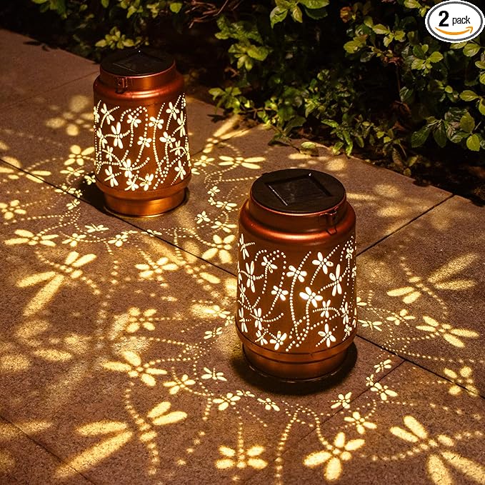 2 Pack Dragonfly Birthday Gifts for Women Mom Grandma Solar Lanterns Outdoor Waterproof Garden Decor Metal Hanging LED Decorative Light for Patio Yard Lawn Backyard Front Porch Gardening Gifts