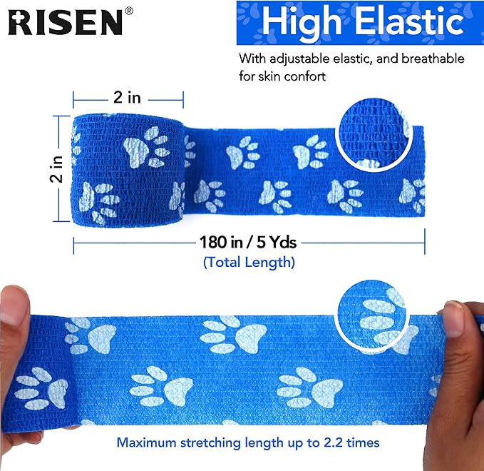 RISEN Cohesive Bandage 2” x 5 Yards, 6 Rolls, Self Adherent Wrap Medical Tape, Adhesive Flexible Breathable First Aid Gauze Ideal for Stretch Athletic
