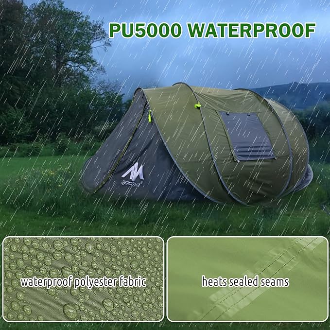 6 Person Pop Up Tents for Camping - AYAMAYA Waterproof Instant Tent Upgraded 2 Doors with Vestibule & Porch, Double Layer Large Size Family Easy Tent Automatic Setup for 4-6 People Camping Hiking