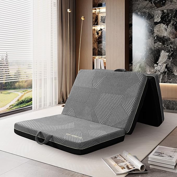 Tri Folding Mattress Twin Size - Memory Foam Tri-fold Mattress, Handle & Non-Slip Bottom, Portable Foldable Sofa Bed Floor Chair for Travel RV Camping Guest Yoga - 3 Inch, 75" 38"x3"