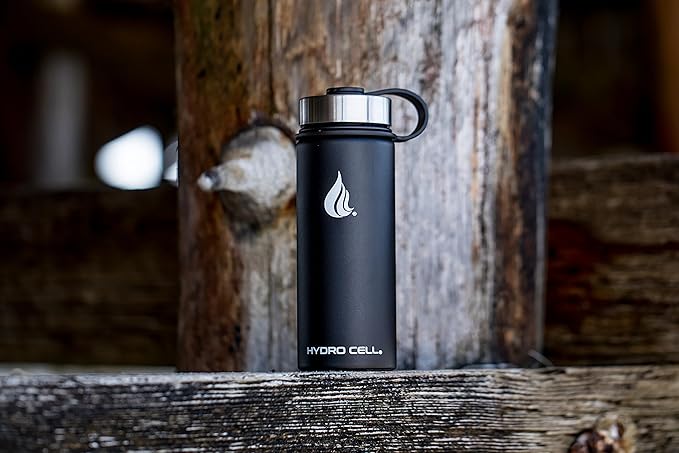 HYDRO CELL Stainless Steel Insulated Water Bottle with Straw - For Cold & Hot Drinks - Metal Vacuum Flask with Screw Cap and Modern Leakproof Sport Thermos for Adults (Black 18oz)