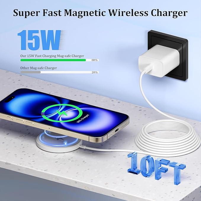 10FT Magnetic Wireless iPhone Charger 2Pack for Apple Magsafe Charger, Fast Mag Safe Charging iPhone Wireless Charger, Long Pad for iPhone 17 Pro Max/Air/17 Pro/16e/16 Pro/15/14/13/12/AirPods4/3/Pro3