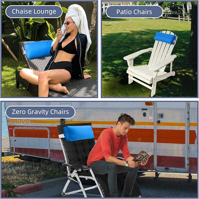 Chaise Lounge Head Pillow, 2 Pack Outdoor Lounge Chair Pillows with Adjustable Strap Longue Head Pillow Headrest Pillows for Patio Backyard Beach Pool Garden Recliner(Azure Blue)