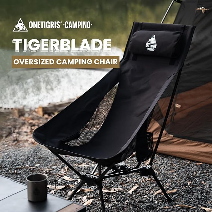OneTigris Tigerblade High Back Camping Chair with Pillow Design, Comfortable Widened Seat Folding Chair