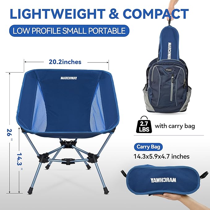 MARCHWAY Lightweight Folding Camping Chair, Portable Foldable Compact for Outdoor Camp, Travel, Beach, Picnic, Festival, Hiking, Backpacking, Supports 330Lbs (Dark Blue)