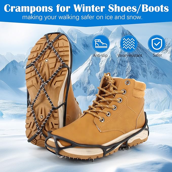 Ice Snow Traction Cleats Crampons, 28 Teeth Snow Spikes for Shoes and Boots, Rubber Anti Slip Ice Snow Grippers, Ice Cleats for Walking On Snow and Ice, Hiking, Climbing