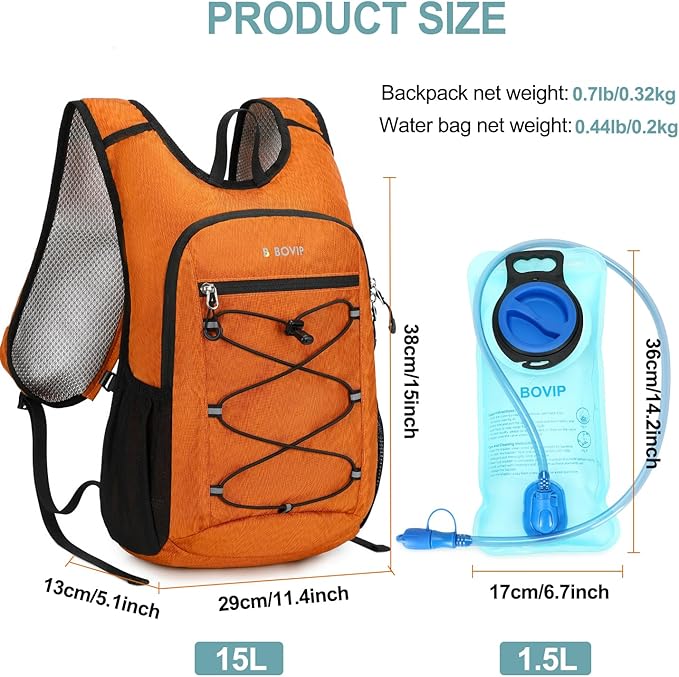 BOVIP Lightweight Hydration Back,15L Multipurpose Hiking Backpack with 1.5L Water Bladder ,Hydro Water Daypack for Cycling Hiking Rave for Men Women