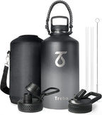 Trebo One Gallon Water Bottle Insulated with Paracord Handle,128oz Stainless Steel Sports Large Jug Food-grade Double Wall Vacuum with Straw Spout Handle Lids, Leakproof Keep Cold & Hot, Dark Gray