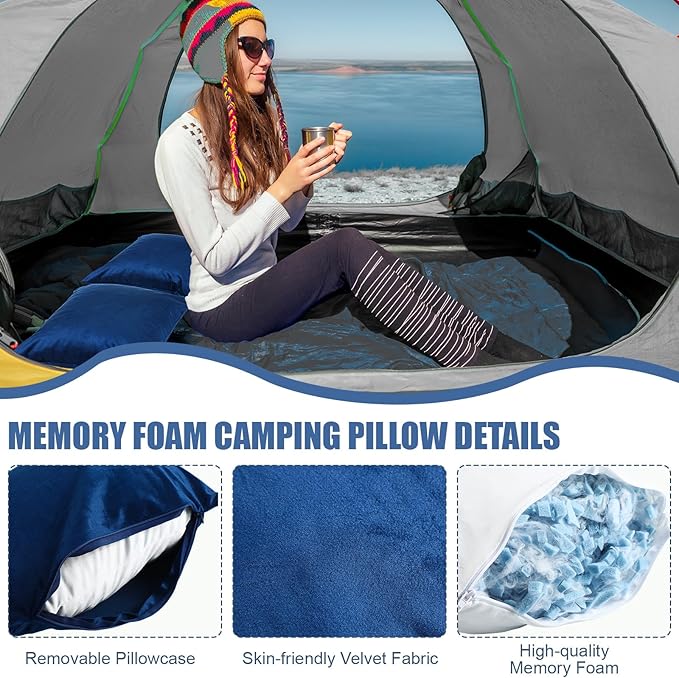 2 Pack Camping Pillow for Sleeping Shredded Memory Foam Travel Pillow with Storage Bag, Compressible Portable Pillow for Outdoor Camp Backpacking Hiking Essential Gear (Blue, Small)
