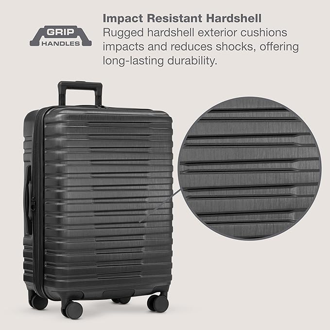 U.S. Traveler Boren Expandable Hardside Rugged Travel Luggage with 8 Spinner Wheels, Black, Checked-Medium 26-Inch