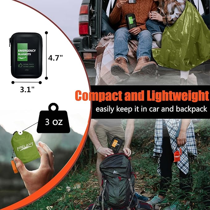 Frelaxy Emergency Blanket 2-Pack/4-Pack, Extra-Thick Extra-Large Space Blankets with Whistles, Storage Pouchs, and EVA case