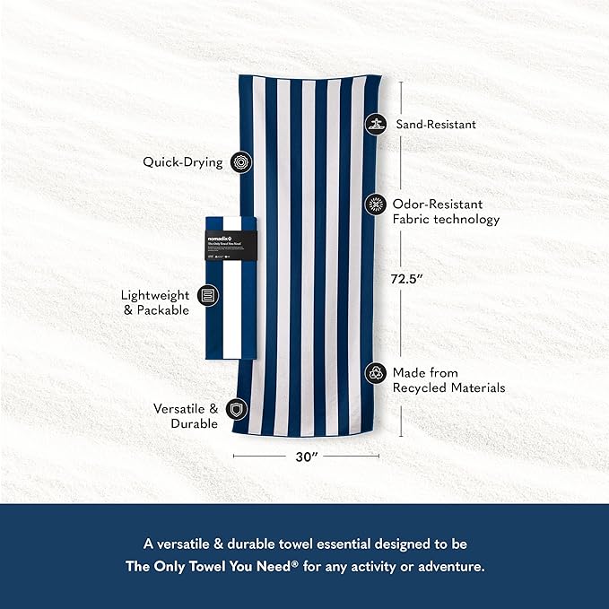 Nomadix Original Towel - Perfect for Beach, Pool, Travel, Camping, Yoga - Made with Recycled Materials - Super Absorbent - Sand Resistant - Cabana Stripe Dark Blue - 72.5x30