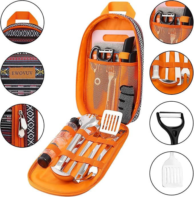 Camping Cooking Utensils Set- Camping Essentials Cookware Accessories Gear Must Haves Camper Tent Camp Kitchen Rv Gadgets Outdoor Stove Portable Picnic Gifts for Women BBQ Stuff