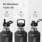 Trebo Water Bottle 64oz with Paracord Handle, Half Gallon Large Vacuum Double Wall Stainless Steel Insulated Water Jug with Straw Spout Handle Lids, Leakproof BPA-Free Keep Cold & Hot, Dark Gray