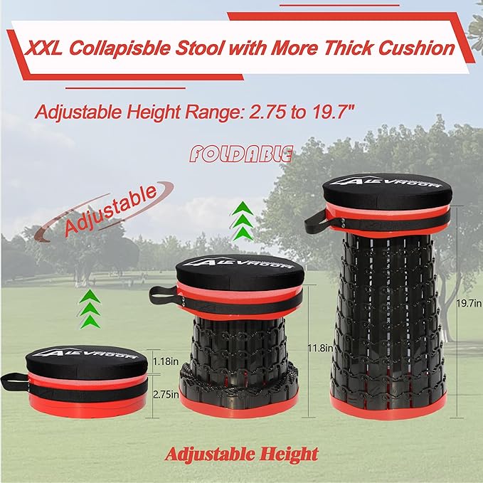 ALEVMOOM 2025 Upgraded XXL Collapsible Stool with Cushion 19.7",1000lbs Max Weight,Wider & Taller Pop Up Seat, Heavy Duty Portable Retractable Folding Stool for Camping & Outdoors (Red)