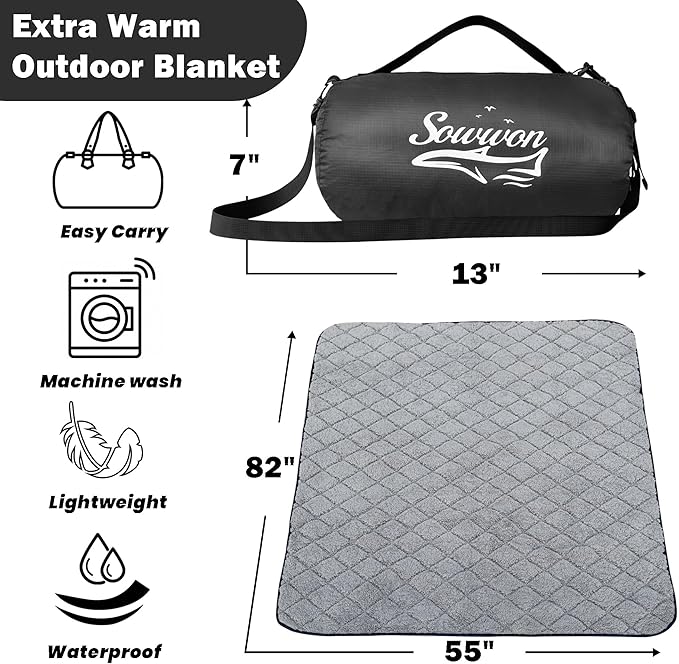 Waterproof Outdoor Blanket 82”X 55” Packable, Stadium Blankets for Camping with Sherpa Fleece Lining, Large Windproof Emergency Throw for Garss Picnic Hiking Road Trip, Machine Washable, Black 300GSM
