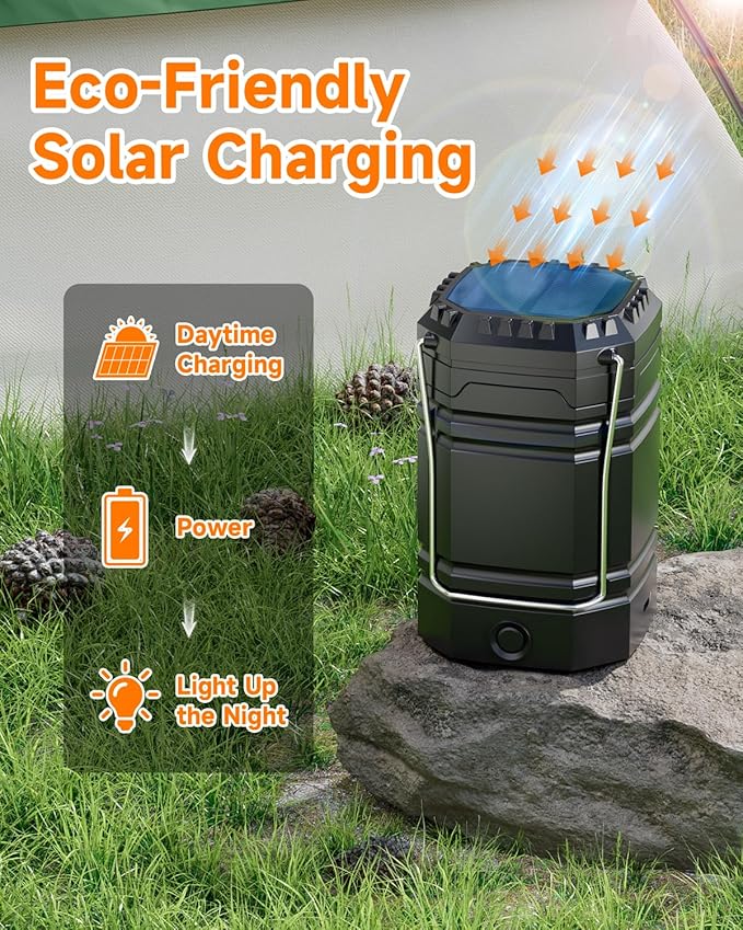 Solar Camping Lantern 4 Pack, Rechargeable LED Lantern with Flashlight, USB-C & Solar Powered, Collapsible Emergency Lights for Hurricane, Power Outages, Outdoor Use