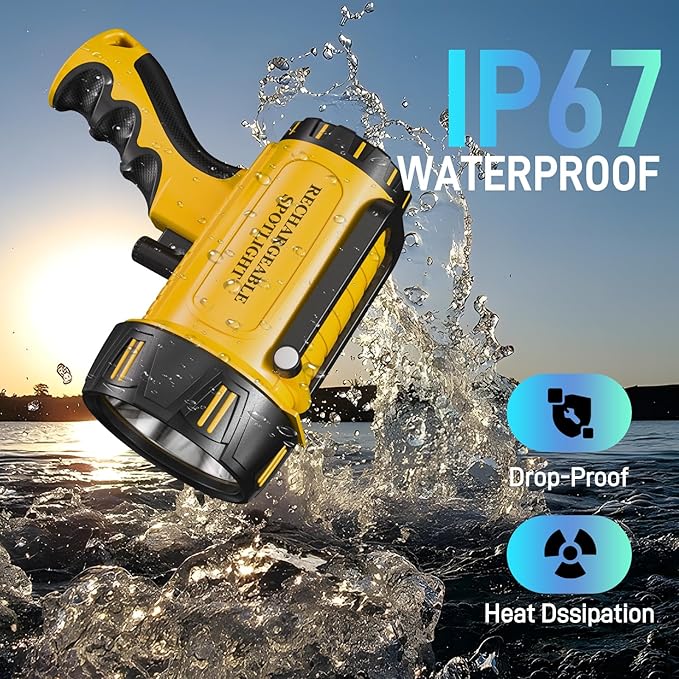 2025 Upgrade 10000mAh Super Bright Rechargeable Spotlight 90,000 Lumen Flashlight Handheld Spotlight,Spot Light Outdoor Runtime 48+ Hrs,Flashlight Searchlight Flood Camping Hunting Boating with Tripod