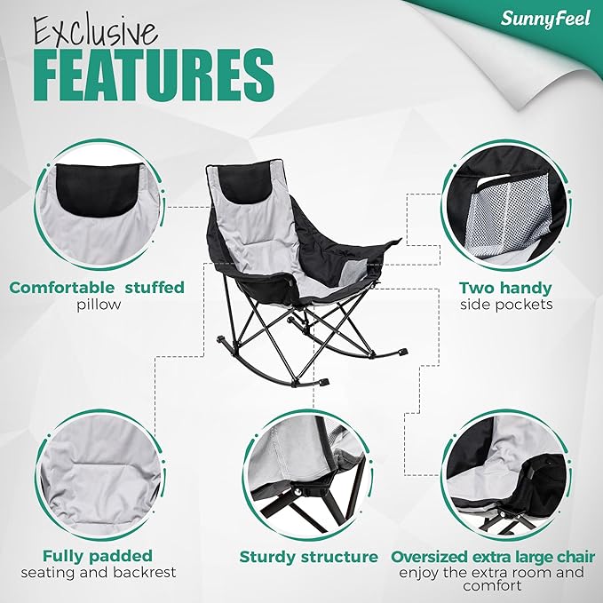 SUNNYFEEL Rocking Camping Chair, Luxury Padded Recliner, Oversized Folding Lawn Chair with Pocket, Heavy Duty for Outdoor/Picnic/Lounge/Patio, Portable Camp Rocker Chairs with Carry Bag