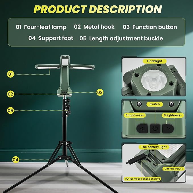 Portable Camping Light with Stand 67'' Rechargeable Work Light - 6500Lumen, 20000mAh Battery, 2700K-6000K Dimmable Emergency Flashlight with Magnetic Base for Camping, Garage, Power Outages