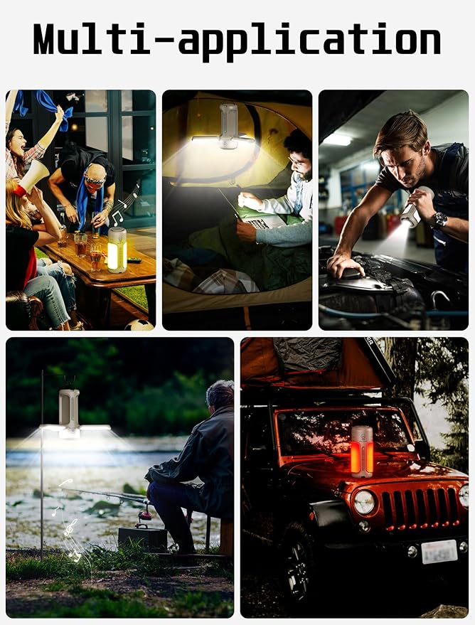 Rechargeable Camping Lantern with Bluetooth Speaker, 10000mAh, Portable LED Flashlight, Folding Lanterns, IP54 Waterproof, 4 Mode Stepless dimming, Power Outage Lantern for Home