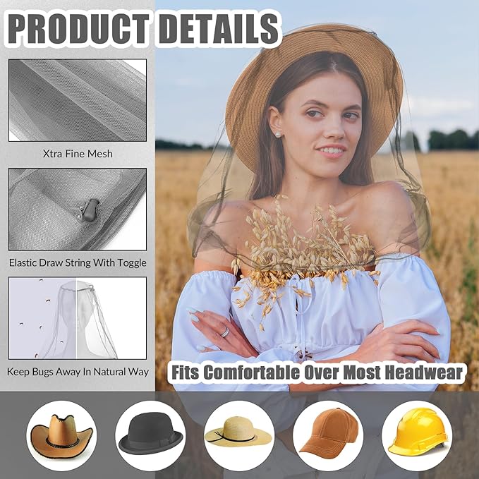 HESTYA 4 Pack Mosquito Bug Net Mesh for Head Mosquito Head Net Face Neck Fly Netting Hood from Insect Bugs Gnats for Outdoor