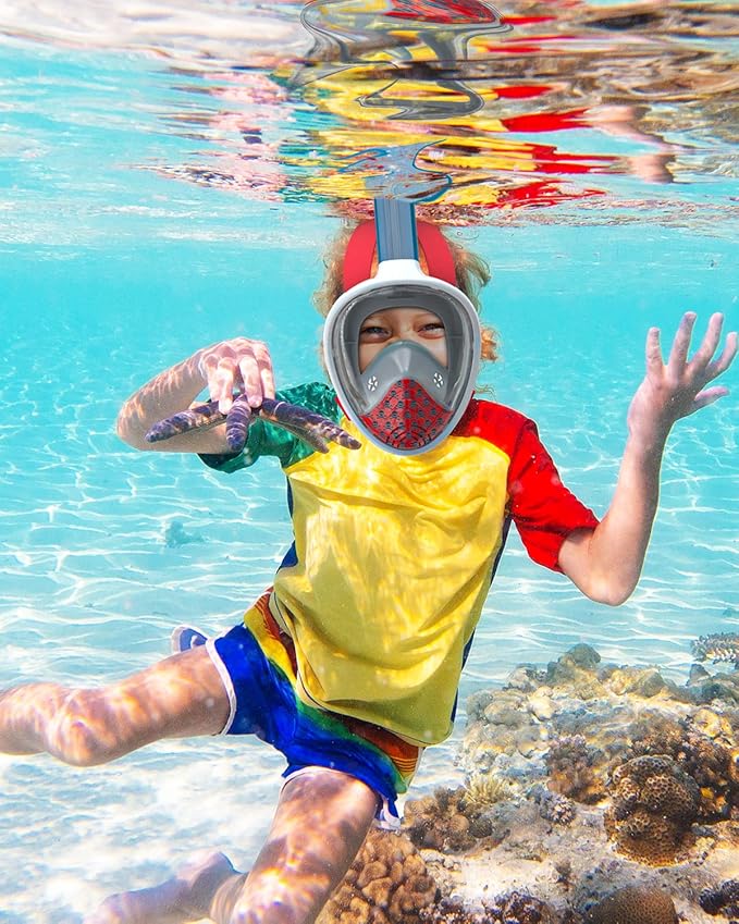 QingSong Kids Snorkel Mask Full Face, Snorkeling Set with Camera Mount, Foldable 180 Degree Panoramic View Snorkeling Gear Anti-Fog Anti-Leak